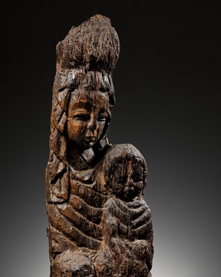 Lot 177 - A LARGE WOOD FIGURE OF SONGZI GUANYIN AND CHILD, CHINA, EARLY MING DYNASTY, 14TH-15TH CENTURY