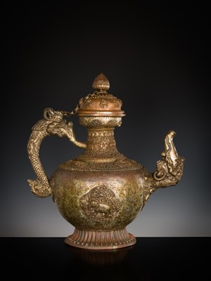 Lot 25 - A MASSIVE SILVERED-COPPER RITUAL TEAPOT AND COVER, TIBET, 19TH CENTURY
