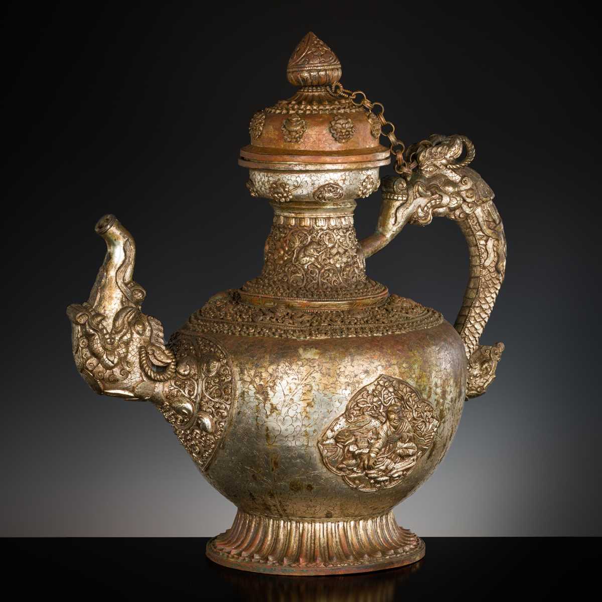 Lot 1061 - A MASSIVE SILVERED-COPPER RITUAL TEAPOT AND