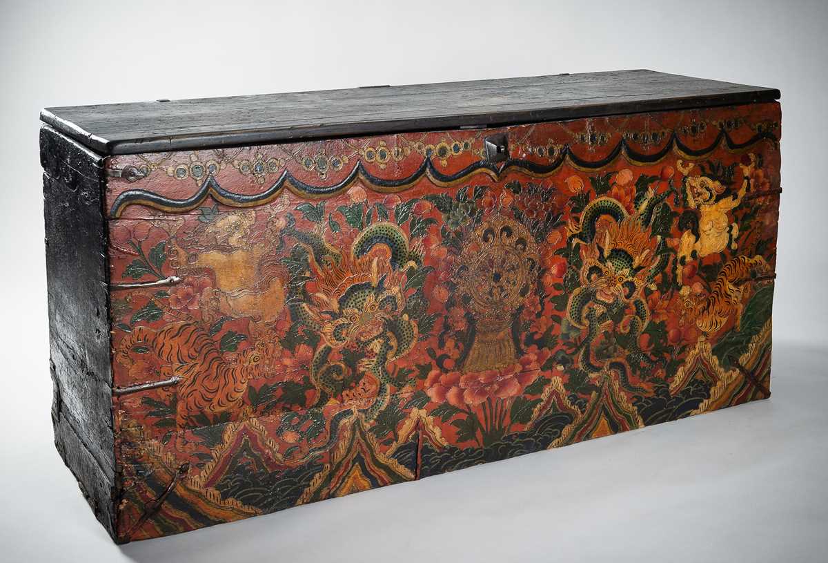 Lot 197 - A LARGE TIBETAN WOOD STORAGE TRUNK, 19th CENTURY