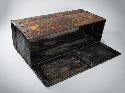 Lot 197 - A LARGE TIBETAN WOOD STORAGE TRUNK, 19th CENTURY