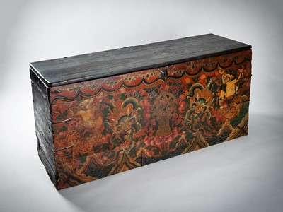 Lot 197 - A LARGE TIBETAN WOOD STORAGE TRUNK, 19th CENTURY