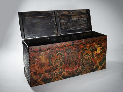 Lot 197 - A LARGE TIBETAN WOOD STORAGE TRUNK, 19th CENTURY