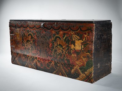 Lot 197 - A LARGE TIBETAN WOOD STORAGE TRUNK, 19th CENTURY