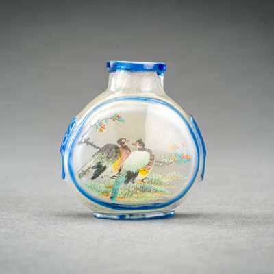 A BLUE OVERLAY AND INSIDE PAINTED GLASS SNUFF BOTTLE, c. 1920s