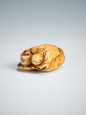 Lot 392 - AN OLD IVORY NETSUKE OF A TEA GRINDER NAPPING BESIDE A MILLSTONE