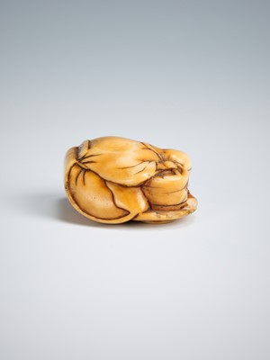 Lot 392 - AN OLD IVORY NETSUKE OF A TEA GRINDER NAPPING BESIDE A MILLSTONE