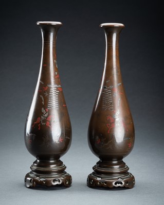 Lot 1494 - A PAIR OF VIETNAMESE SILVER INLAID BRONZE VASES, 19th CENTURY