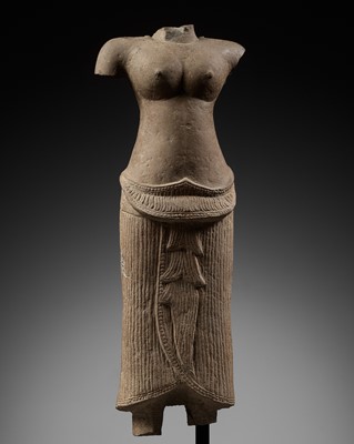 Lot 278 - A SANDSTONE TORSO OF A FEMALE DEITY, ANGKOR PERIOD, BAYON STYLE