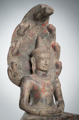 Lot 1435 - AN ANGKOR-STYLE STONE FIGURE OF BUDDHA MUCHALINDA