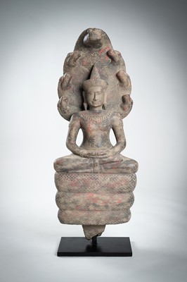 Lot 1435 - AN ANGKOR-STYLE STONE FIGURE OF BUDDHA MUCHALINDA