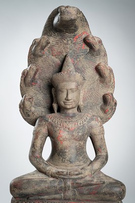 Lot 1435 - AN ANGKOR-STYLE STONE FIGURE OF BUDDHA MUCHALINDA