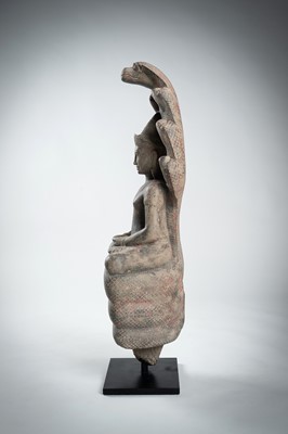 Lot 1435 - AN ANGKOR-STYLE STONE FIGURE OF BUDDHA MUCHALINDA