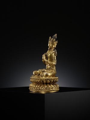 Lot 180 - MAITREYA IN THE TUSHITA HEAVEN, AN EXTREMELY RARE GILT-BRONZE FIGURE, XUANDE INCISED SIX-CHARACTER MARK AND OF THE PERIOD, CHINA, 1425-1435