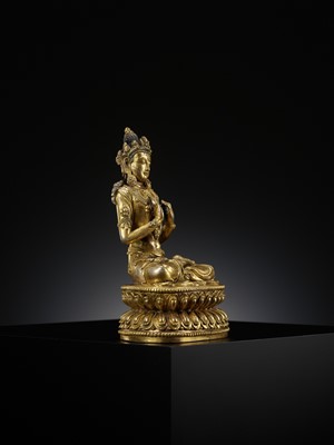 Lot 180 - MAITREYA IN THE TUSHITA HEAVEN, AN EXTREMELY RARE GILT-BRONZE FIGURE, XUANDE INCISED SIX-CHARACTER MARK AND OF THE PERIOD, CHINA, 1425-1435