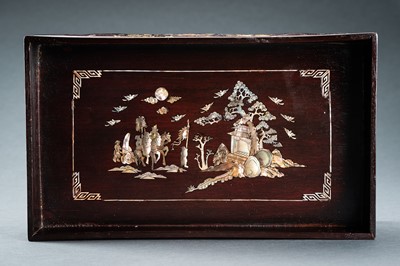 Lot 19 - A MOTHER-OF-PEARL INLAID WOODEN OPIUM TRAY, QING