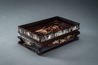 Lot 19 - A MOTHER-OF-PEARL INLAID WOODEN OPIUM TRAY, QING