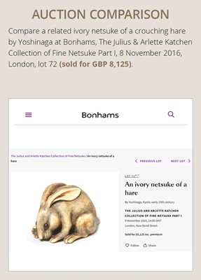 Lot 146 - YOSHINAGA: AN IVORY NETSUKE OF A CROUCHING RABBIT