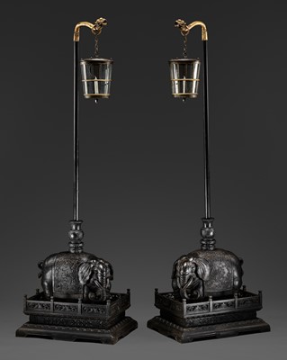 Lot 89 - A MAGNIFICENT PAIR OF IMPERIAL ZITAN ‘ELEPHANT’ STANDS, WITH MATCHING GILT-BRONZE ‘DRAGON’ HOOKS AND CLOISONNÉ ENAMEL LANTERNS, PROBABLY TAKEN FROM THE FORBIDDEN CITY OR THE SUMMER PALACE