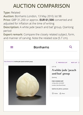 Lot 334 - A FINE WHITE JADE ‘PEACH AND BAT’ PENDANT, QIANLONG PERIOD