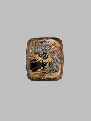 Lot 6 - A FINE SILVER-INLAID FOUR-CASE LACQUER INRO DEPICTING A TIGER AND DRAGON