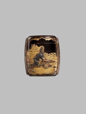 Lot 6 - A FINE SILVER-INLAID FOUR-CASE LACQUER INRO DEPICTING A TIGER AND DRAGON