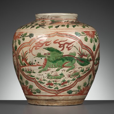 Lot 85 - A LARGE AND RARE ‘QILIN, MYTHICAL HOUND AND BUDDHIST LION’ JAR, MING DYNASTY, JIAJING PERIOD, 1521-1567