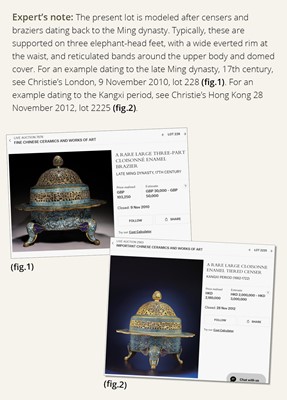 Lot 352 - A CLOISONNÉ ENAMEL ‘ELEPHANT’ TRIPOD BRAZIER AND COVER, QING DYNASTY