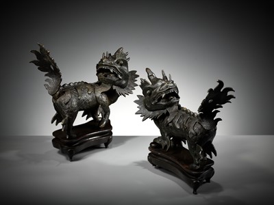 Lot 616 - A PAIR OF HEAVY BRONZE FIGURES OF QILIN, MING DYNASTY