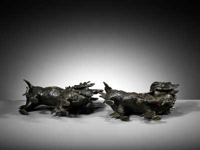 Lot 616 - A PAIR OF HEAVY BRONZE FIGURES OF QILIN, MING DYNASTY