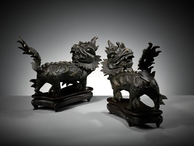 Lot 616 - A PAIR OF HEAVY BRONZE FIGURES OF QILIN, MING DYNASTY