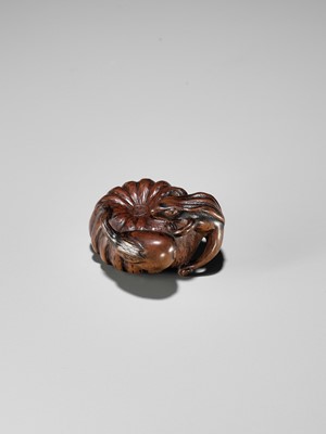 Lot 355 - TOMONOBU: A WOOD NETSUKE OF A FROG, NASUBI AND PUMPKIN