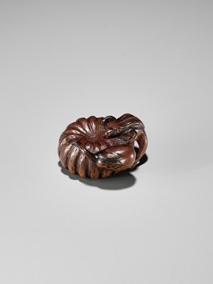 Lot 355 - TOMONOBU: A WOOD NETSUKE OF A FROG, NASUBI AND PUMPKIN