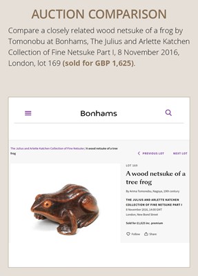 Lot 355 - TOMONOBU: A WOOD NETSUKE OF A FROG, NASUBI AND PUMPKIN