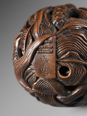 Lot 82 - MASANAO: A FINE WOOD NETSUKE DEPICTING AN AUTUMNAL SCENE OF QUAILS AND MILLET