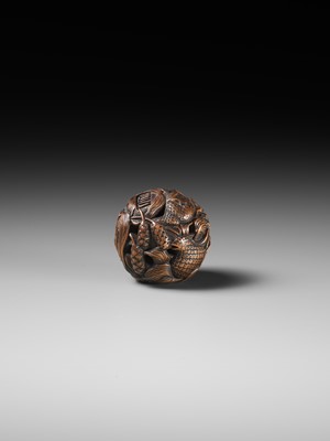 Lot 82 - MASANAO: A FINE WOOD NETSUKE DEPICTING AN AUTUMNAL SCENE OF QUAILS AND MILLET