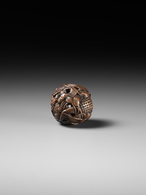 Lot 82 - MASANAO: A FINE WOOD NETSUKE DEPICTING AN AUTUMNAL SCENE OF QUAILS AND MILLET