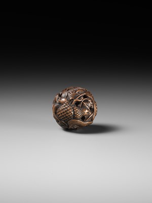 Lot 82 - MASANAO: A FINE WOOD NETSUKE DEPICTING AN AUTUMNAL SCENE OF QUAILS AND MILLET