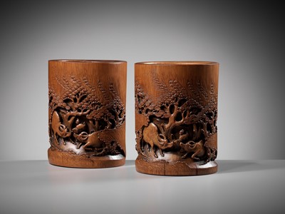 Lot 6 - A PAIR OF BAMBOO ‘OX-HERD’ BRUSHPOTS, BITONG, QING DYNASTY
