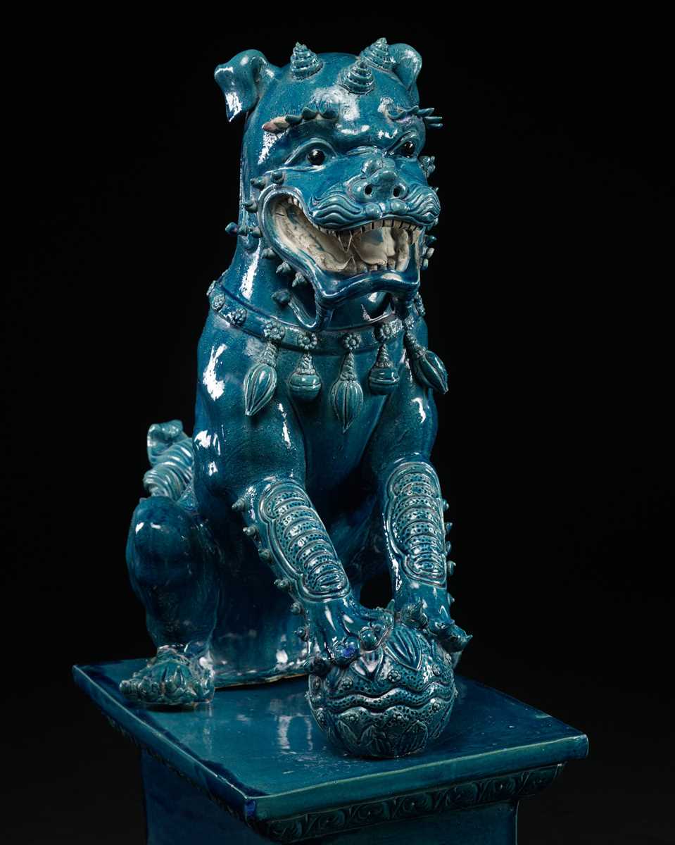 Lot 258 - A RARE AND MASSIVE TURQUOISE-GLAZED FIGURE OF A BUDDHIST LION, QING DYNASTY