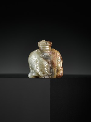 Lot 92 - A CELADON AND RUSSET JADE OF AN ELEPHANT LADEN WITH AUSPICIOUS FRUIT, LATE MING TO MID-QING DYNASTY