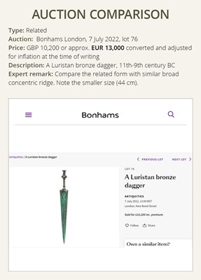 Lot 716 - A LARGE LURISTAN BRONZE SWORD, LATE 2ND TO EARLY 1ST MILLENNIUM BC