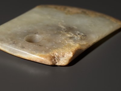 Lot 39 - A WHITE AND YELLOW JADE AX, FU, NEOLITHIC PERIOD