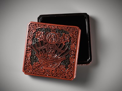 Lot 3 - A SQUARE THREE-COLOR LACQUER ‘CHUN’ SPRING BOX AND COVER, QING DYNASTY