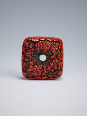 Lot 411 - A FINE TSUISHU LACQUER MANJU NETSUKE DEPICTING SHISHI NO SAKA OTOSHI