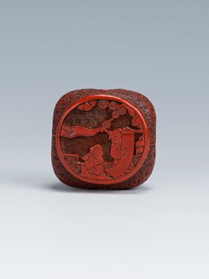 Lot 410 - A FINE TSUISHU LACQUER NETSUKE OF A CHINESE LOW TABLE DEPICTING KARAKO UNDER PINE