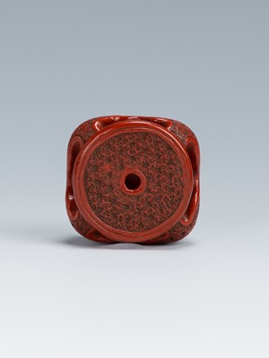 Lot 410 - A FINE TSUISHU LACQUER NETSUKE OF A CHINESE LOW TABLE DEPICTING KARAKO UNDER PINE