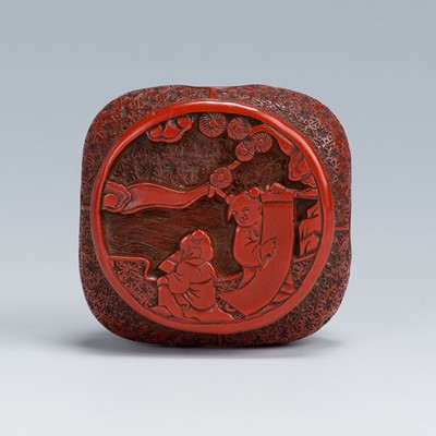 Lot 410 - A FINE TSUISHU LACQUER NETSUKE OF A CHINESE LOW TABLE DEPICTING KARAKO UNDER PINE