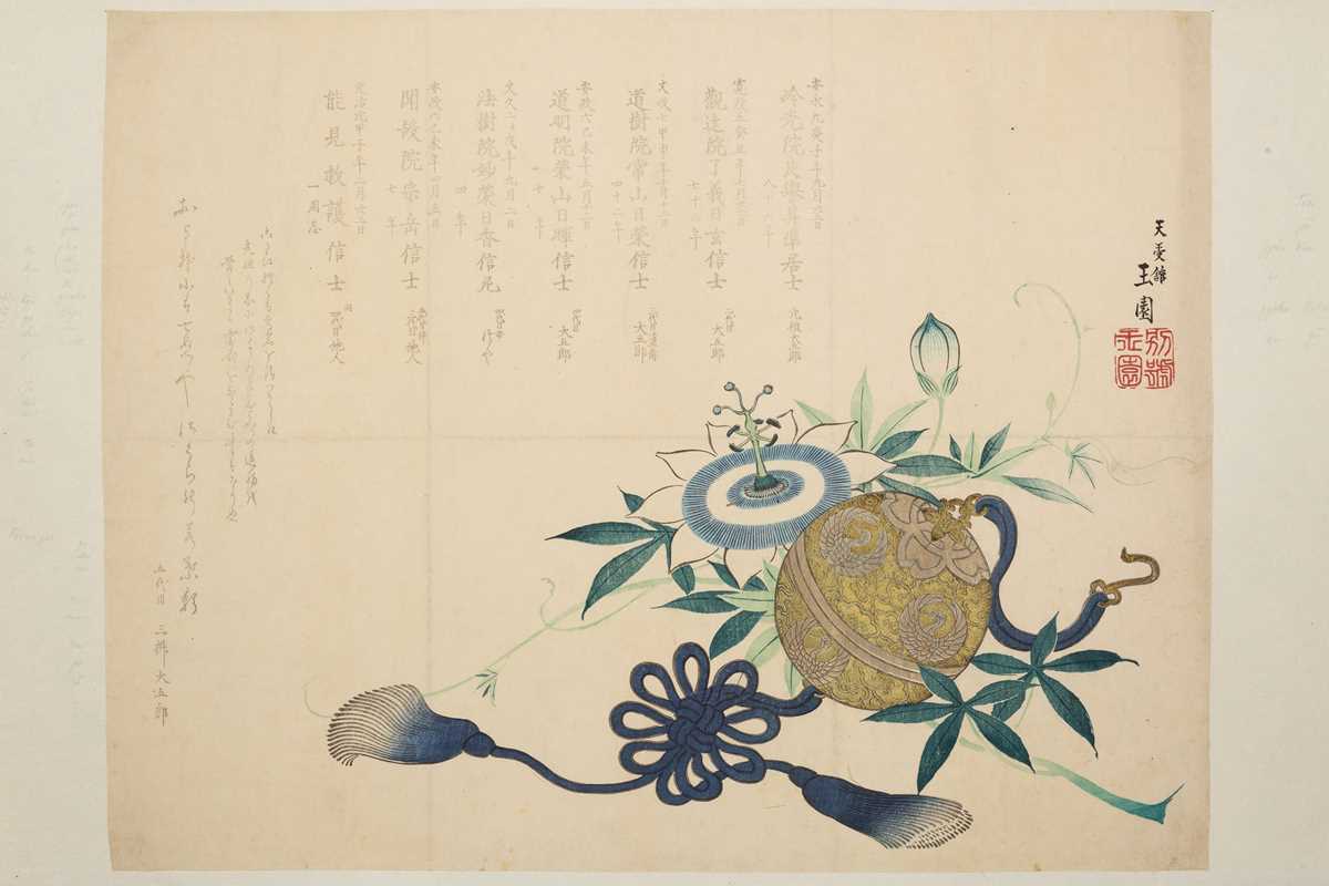 Lot 221 - TENJUKAN GYOKEN: SURIMONO OF A SPHERICAL CENSER WITH PASSION FLOWERS
