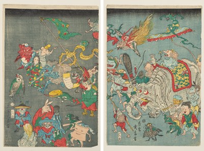 Lot 633 - SHUSAI: TWO PARTS FROM THE HEXAPTYCH OF YOKAI APPEARING IN A DREAM TO THE RETIRED EMPEROR GO-TOBA